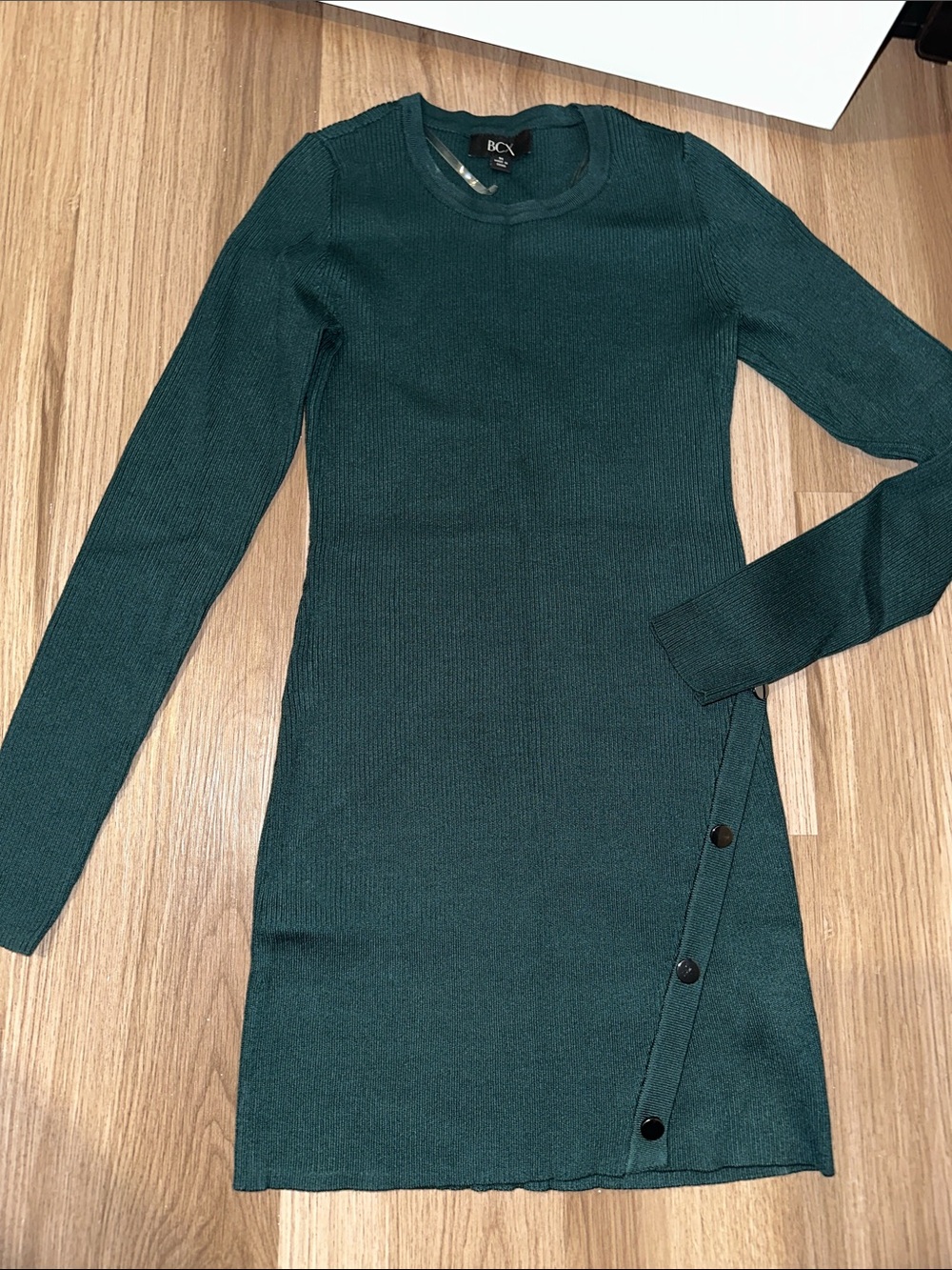 BCX Teal Long Sleeve Ribbed Knit Dress with Side Buttons